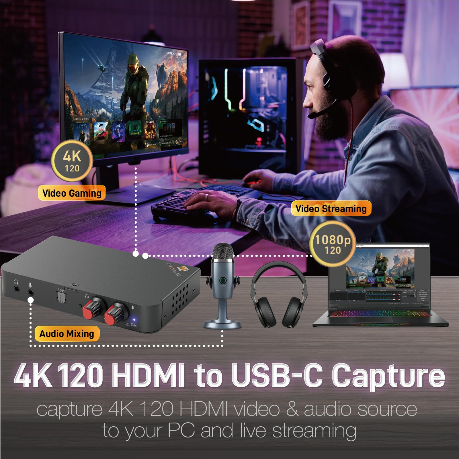 MAXSQUARE HDMI 2.1 Gaming 4K120Hz Video Capture Card/Splitter, HDMI2.1 loopout USB3.1, 4K2K/1080p 120 FPS, Ultra-low Latency, for OBS, Audio Extraction, Record,Stream with PC, XBOX, PS5, TAA Compliant