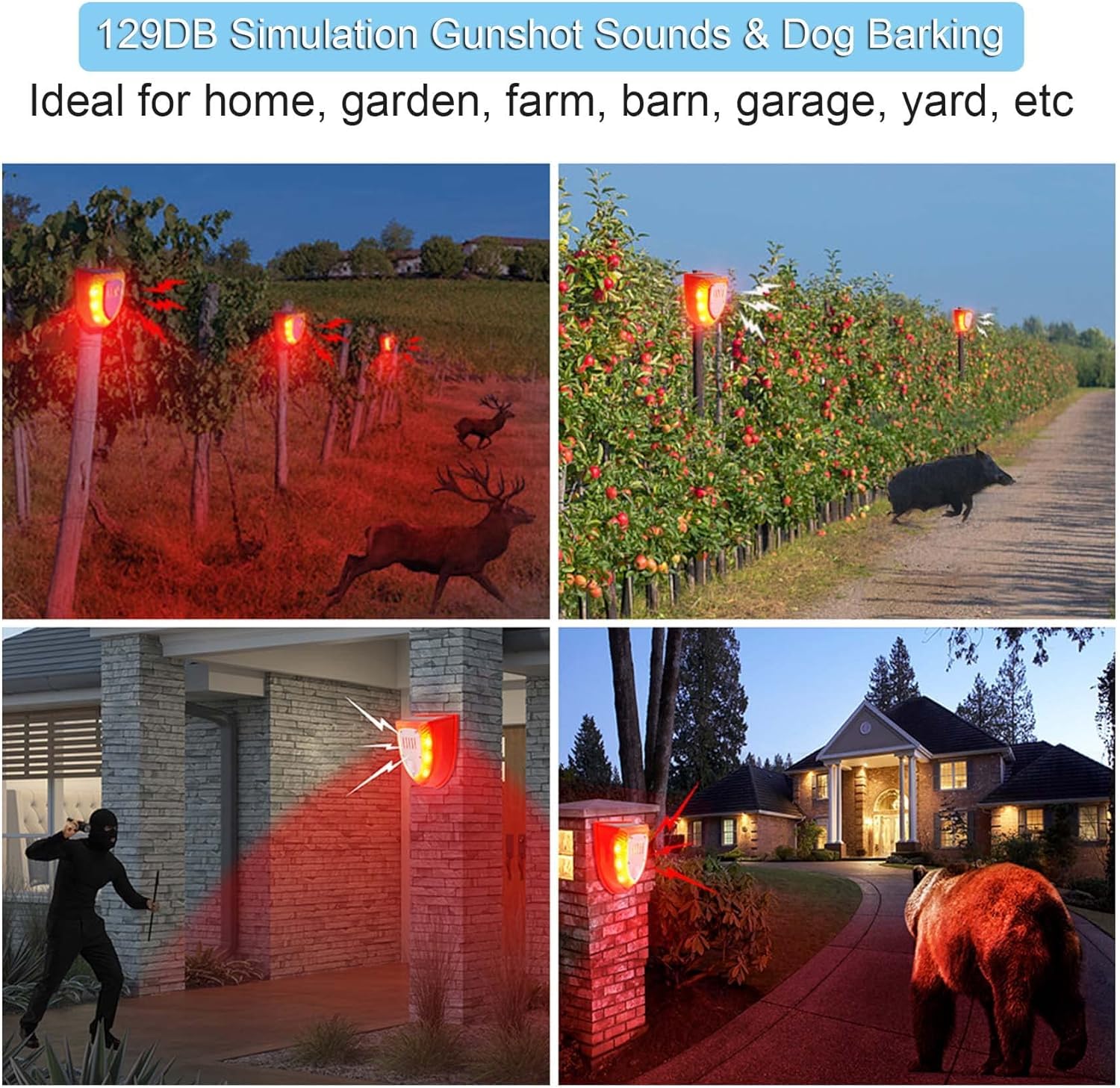 Solar Security Alarm Lights, 129dB Gunshot Sounds & Dog Barking Sound & Light Strobe Light Warning Lamp for Outdoor Farm Barn