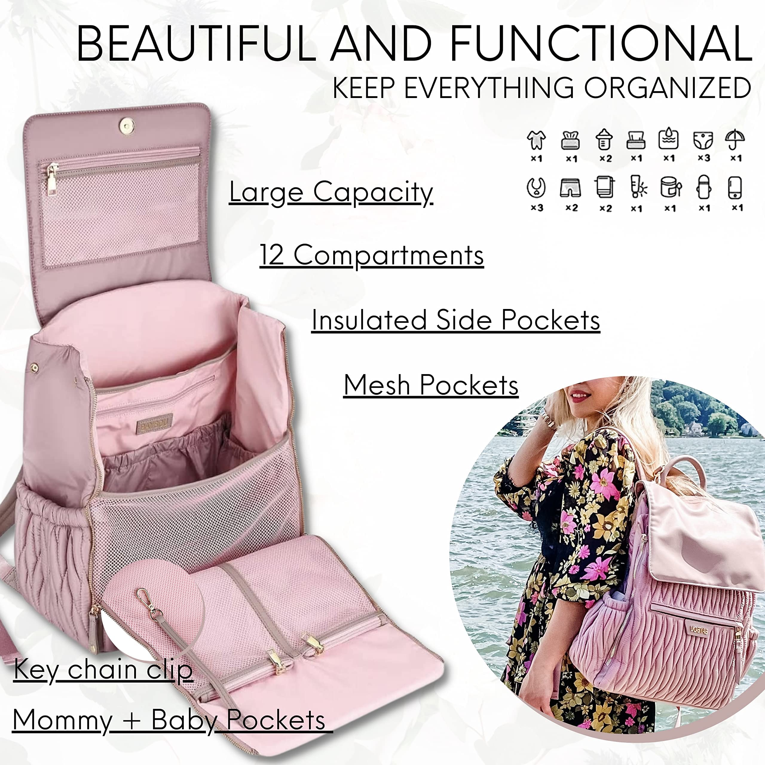 Baybou Diaper Bag Backpack Large Capacity, Waterproof, and Multifunctional Baby Essentials Travel Bag with Changing Pad and Stroller Straps, Blush Pink