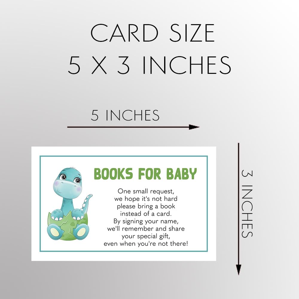 The Invite Lady Dinosaur Baby Shower Bring A Book Insert Little Library Collection Dino Egg Baby Dinosaurs Boy Blue Green Shower Activity Printed Cards (25 Count)