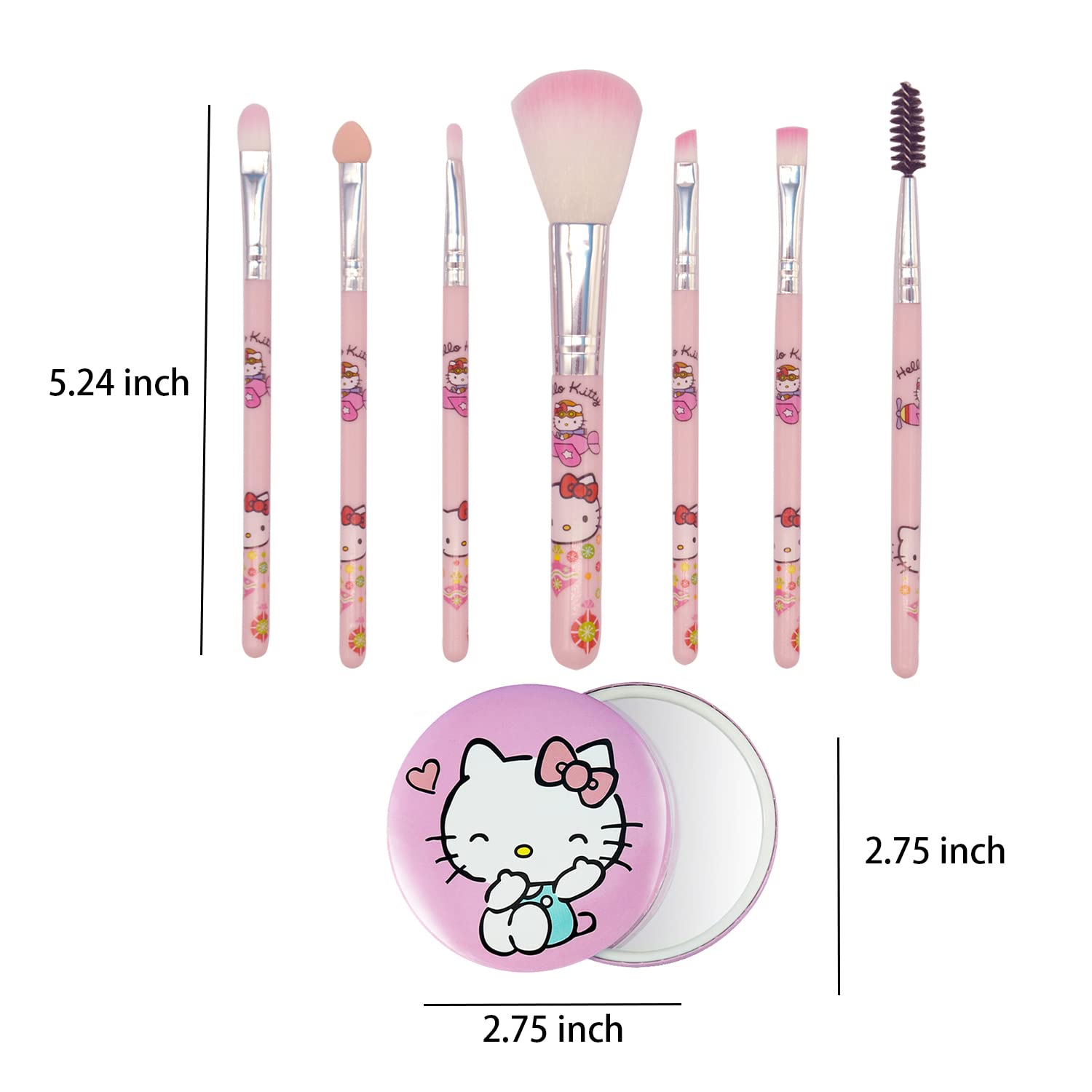 7 PCS Kitty Makeup Brush with Kitty Cat Mirror-Cosmetic Makeup Brush Set Tool Kit Set Brush Set Best Gift for Young Girl Women