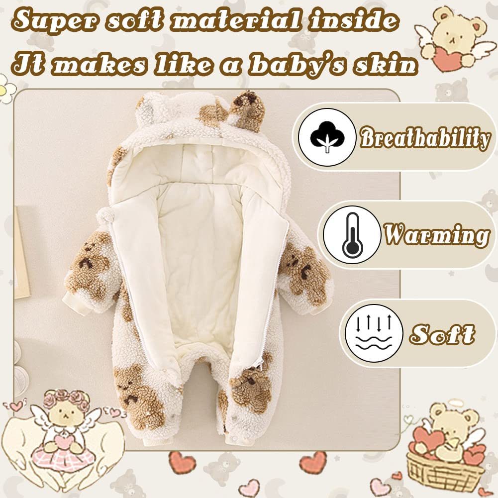 UVIPC Newborn Baby Bear Onesie Baby Fleece Snowsuit Jumpsuit Hooded Footie Thick Winter Outwear for Infant Boys Girls