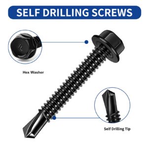 Self Drilling Screws - #8 x 1/2'' to 1-1/2'' Hex Washer Head Screw Kit, 410 Stainless Steel Black Self Tapping Screws, Self Tapping Sheet Metal Tek Screws 220 PCS