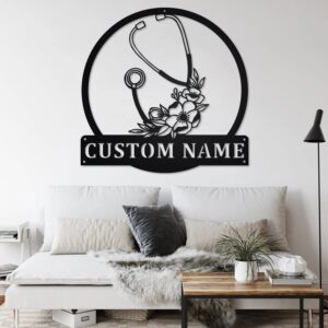 IZI POD Custom Stethoscope Floral Metal Wall Art, Personalized Stethoscope Name Sign Decoration for Room, Stethoscope Home Decor/Gift-53