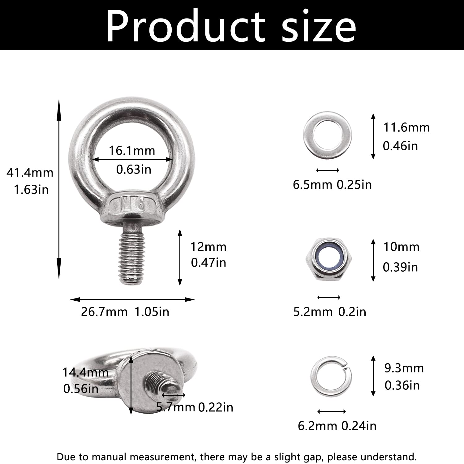 Dianrui 304 Stainless Steel M6 Male Thread Machinery Shoulder Lifting Ring Eye Bolt，Accessories Include Lock Nuts and Lock Washers and Flat Washers Set K1-045-M6-Kit