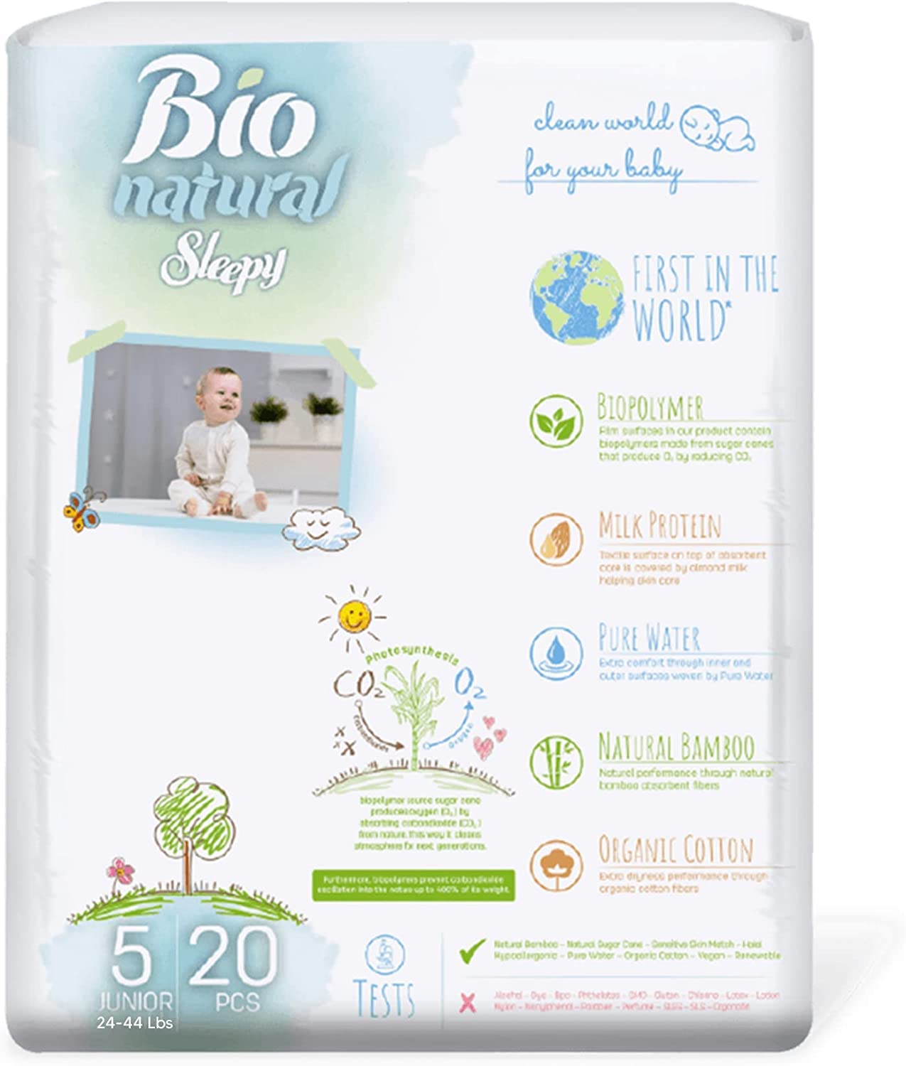 SOHO, Bio-Natural Sleepy Baby Diapers, Made from Organic Cotton and Bamboo Extract, Ultimate Comfort and Dryness, Wetness Indicator, Comes with The Baby Wipes, (5 Junior 24-44 Lbs Count- 20 PCs)