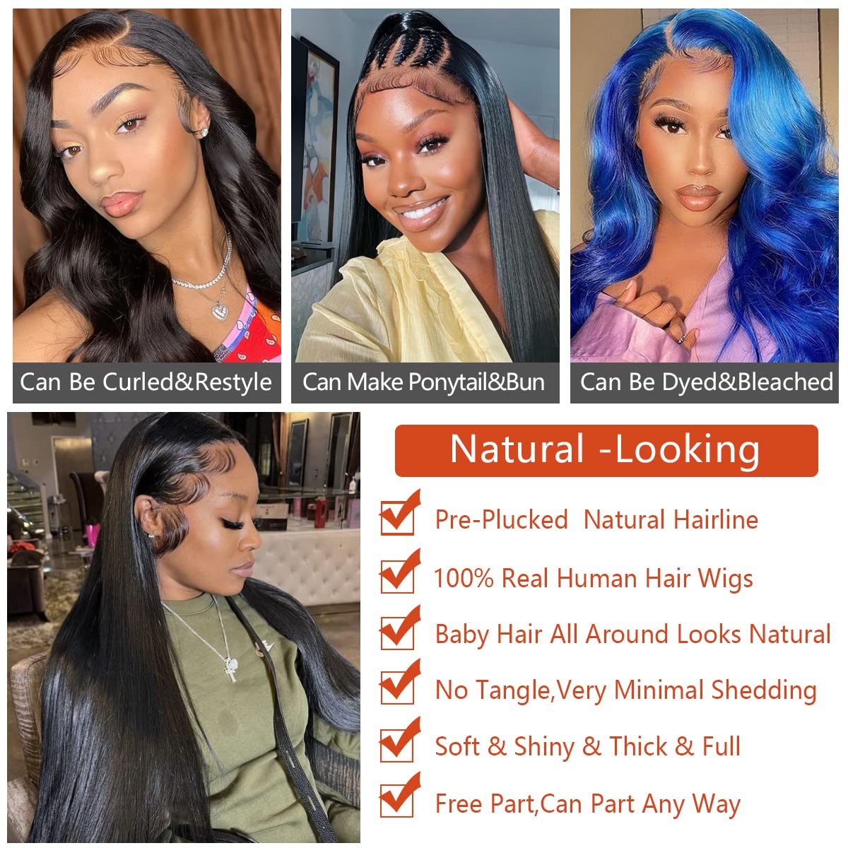 LUCLUEME 13x6 Hd Straight Lace Front Wigs Human Hair Transparent Lace Frontal Wigs for Black Women Human Hair Glueless Wigs Human Hair Pre Plucked with Baby Hair Natural Color 18 Inch