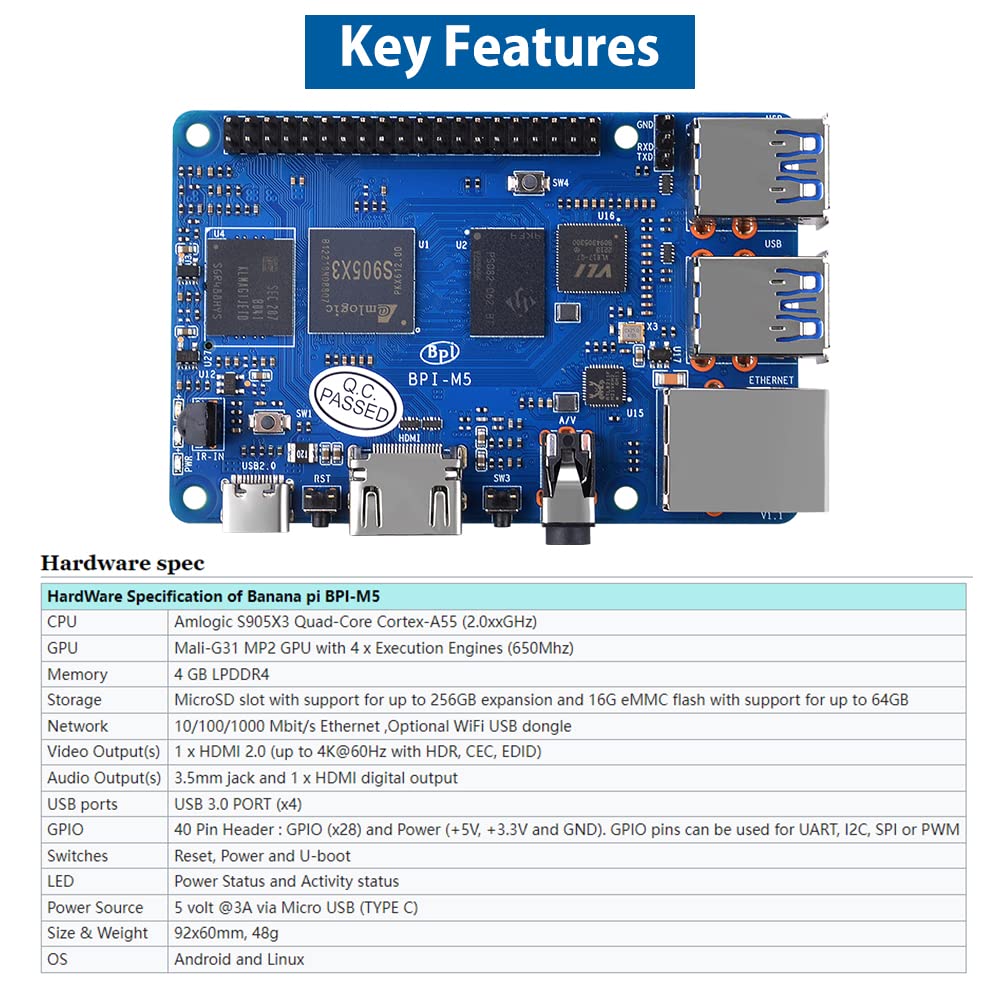 GeeekPi Banana Pi BPI-M5 Amlogic S905X3 Single Board Computer with Banana Pi m5 Case,Power Supply,Cooling Fan and Heatsinks for AIOT Support Android Debian Raspbian Armbian