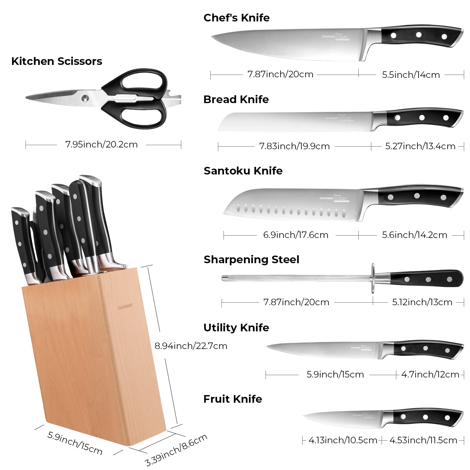 OAKSWARE Knife Sets, 8 Piece Knife Set for Kitchen with Block, German Stainless Steel Chef Knives Set with Ergonomic Handle