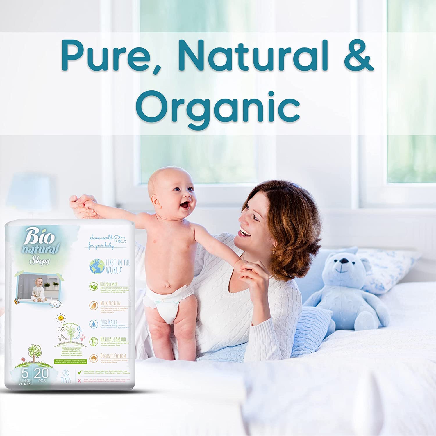 SOHO, Bio-Natural Sleepy Baby Diapers, Made from Organic Cotton and Bamboo Extract, Ultimate Comfort and Dryness, Wetness Indicator, Comes with The Baby Wipes, (5 Junior 24-44 Lbs Count- 20 PCs)