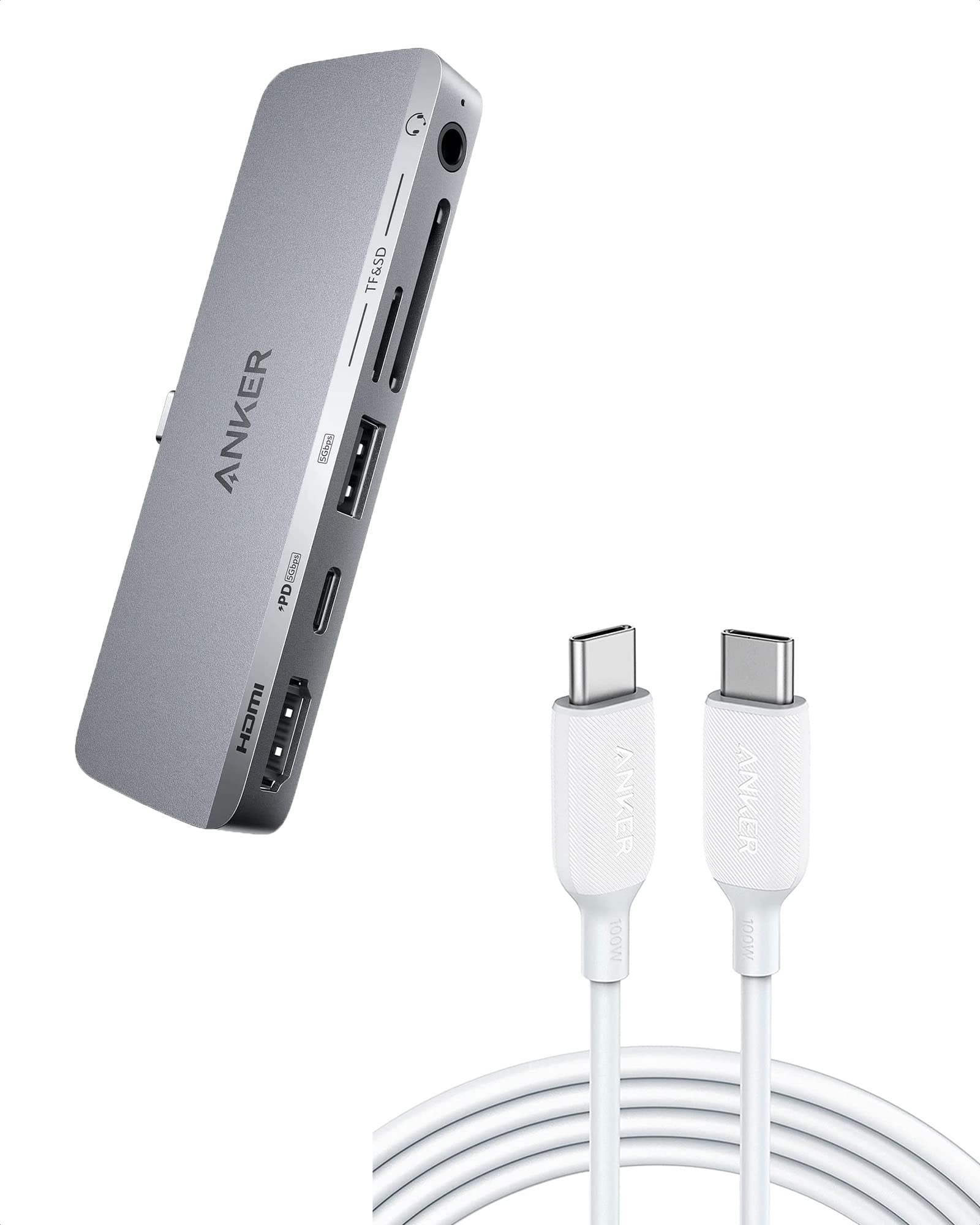 Anker USB C Hub for iPad (Gray), 541 USB-C Hub (6-in-1), with 4K HDMI Port, Multi-Function USB C Port Powerline III USB C to USB C Charger Cable 100W 6ft 2.0