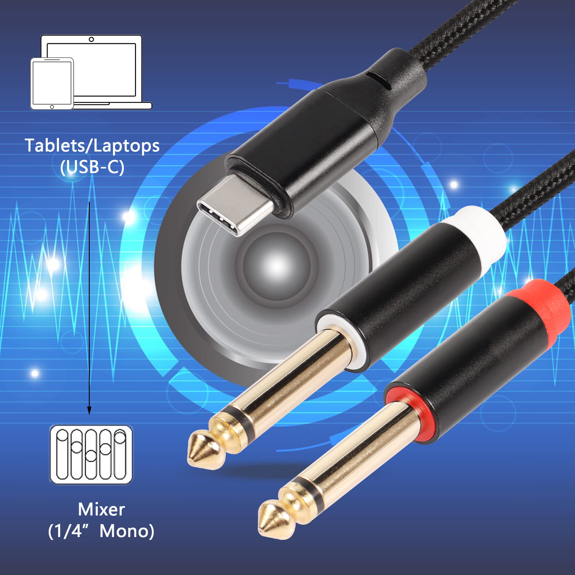 CERRXIAN 6.56ft USB C to Dual 6.35mm TRS Stereo Cable, USB C to 1/4 inch Audio Cable, USB Type C Male to 2X 6.35mm Mono Male AUX Y Splitter Cable for Tablet, Laptop,Phone,Amplifier(6.35-C)