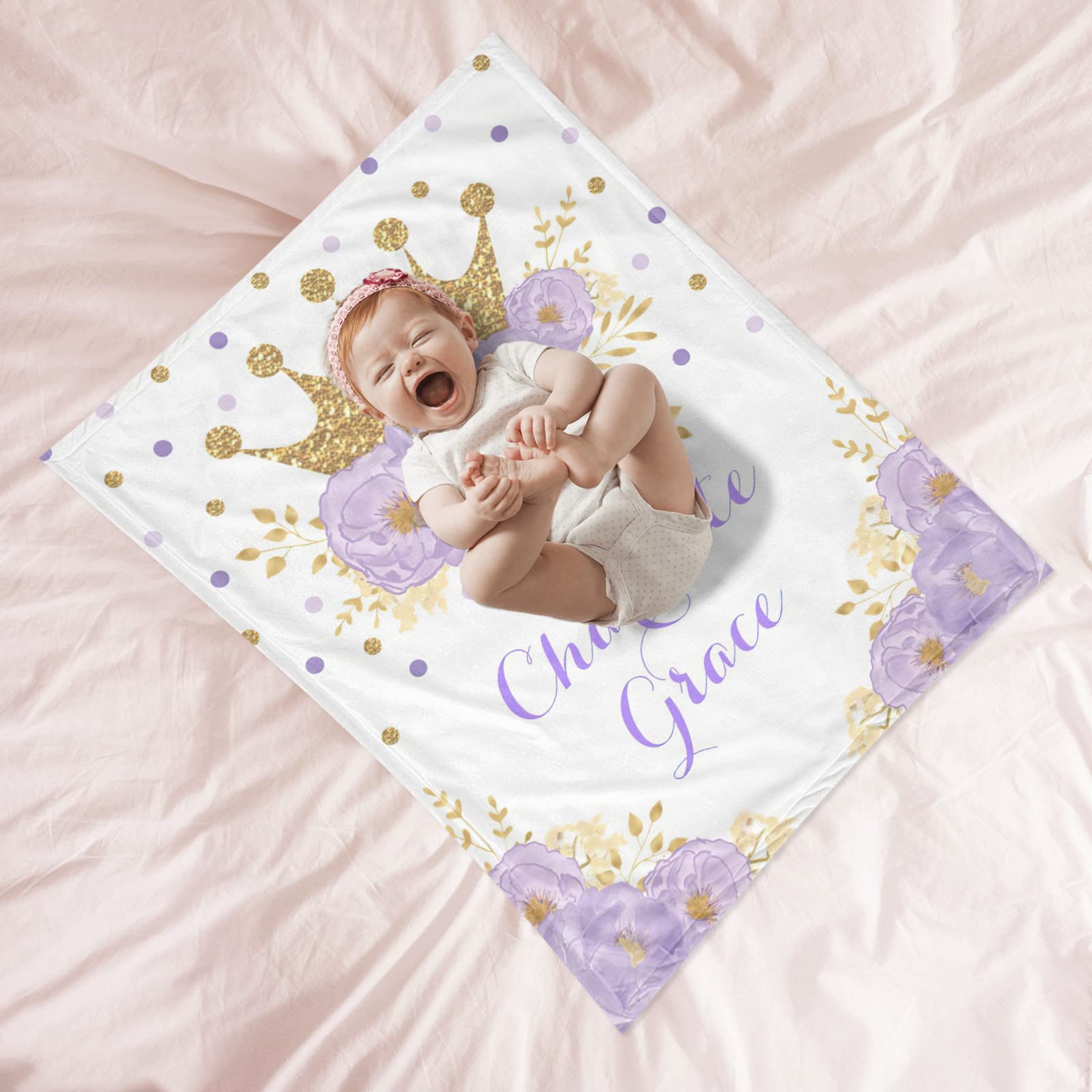 Personalized Baby Blankets Custom Baby Blanket for Girls with Name Personalized Baby Gifts for Girls Pink Soft Girl Blanket - Purple Floral Crown 30x40in