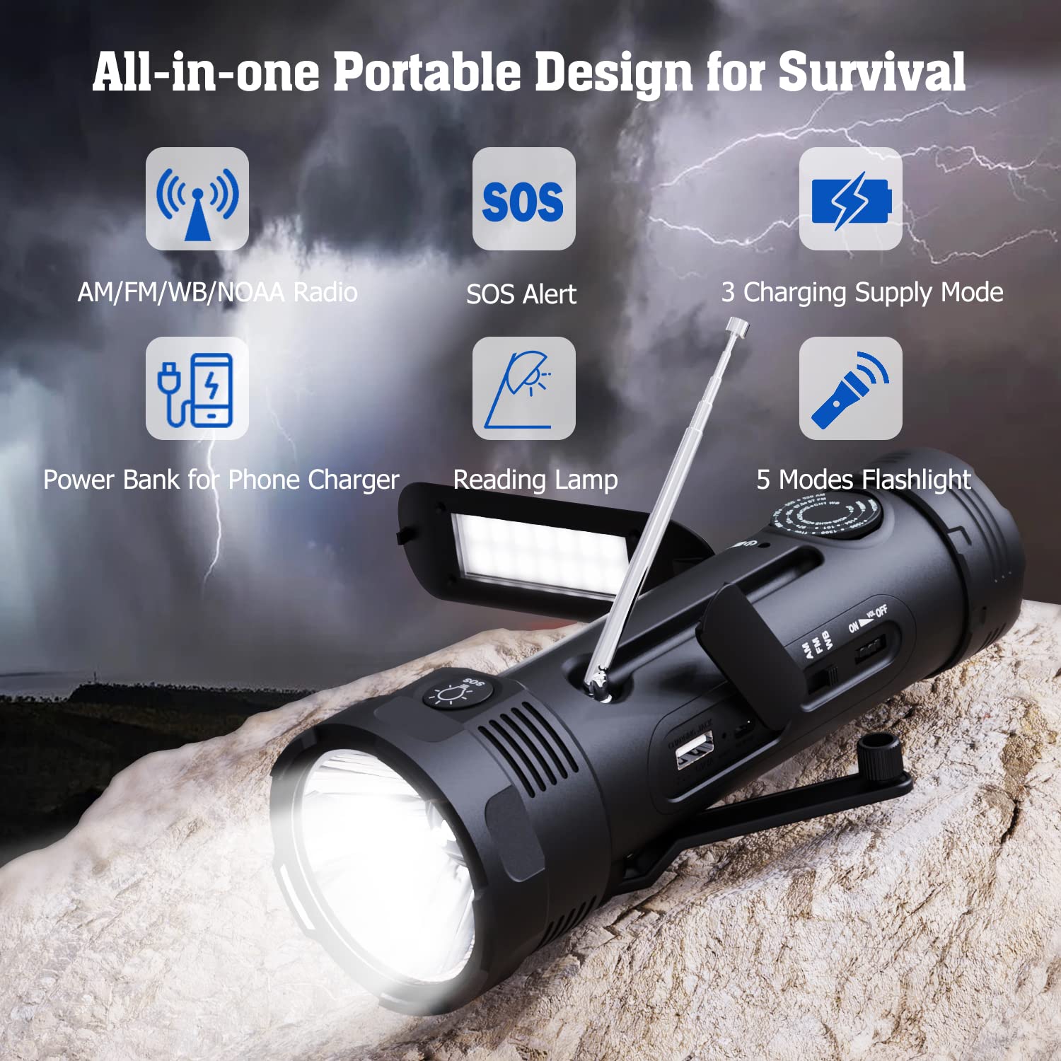 PPLEE NOAA Emergency Flashlight Rechargeable with Weather Radio,AM/FM Weather Alert Solar Hand Crank Survival Radio,Battery Powered Radio,Reading Lamp,USB Phone Charger,SOS Alarm