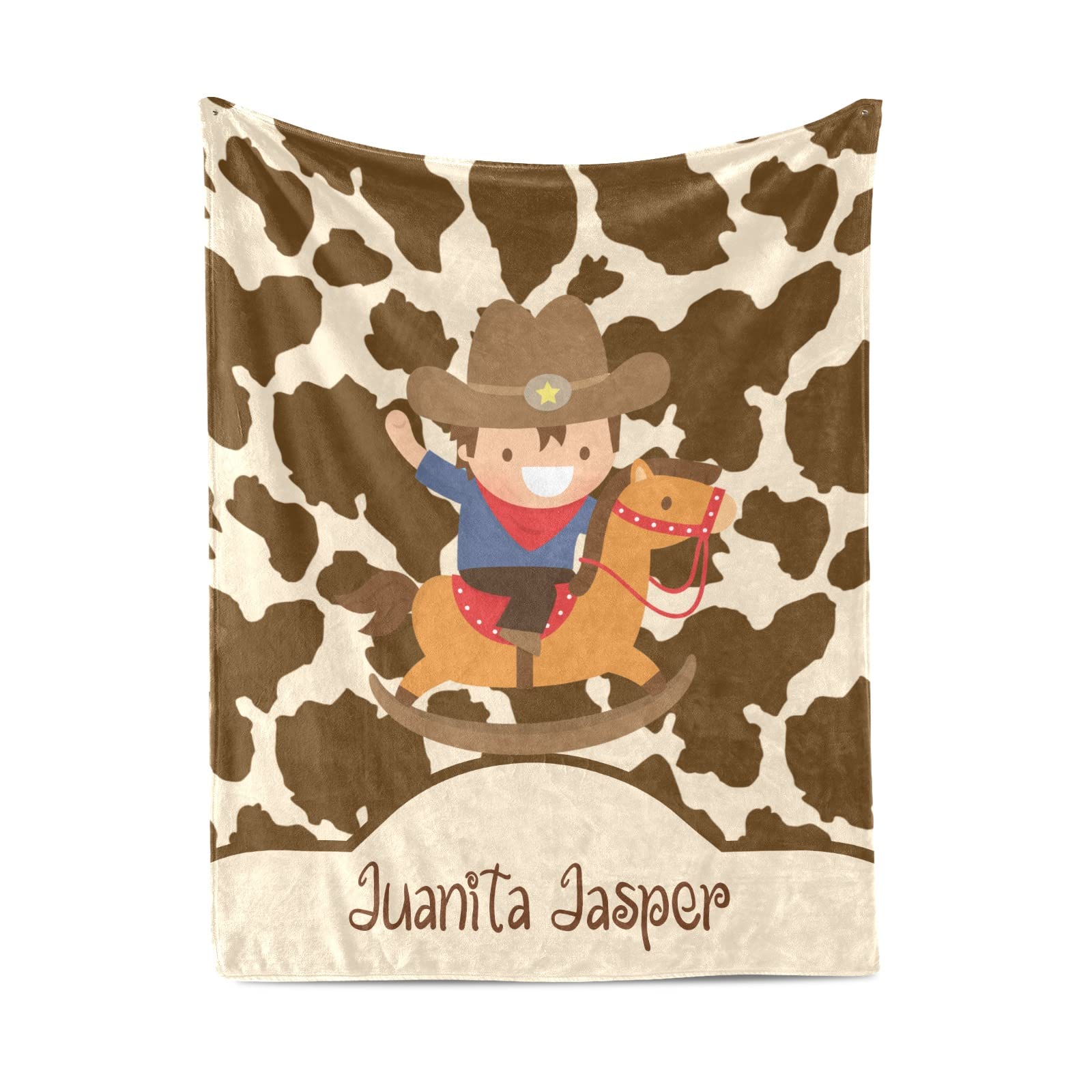 Cute Cowboy Horse Brown Cow Personalized Baby Swaddle Blanket Super Soft for Boy & Girl,Custom Your Baby Name Birthday Kids(30x40 Inches)