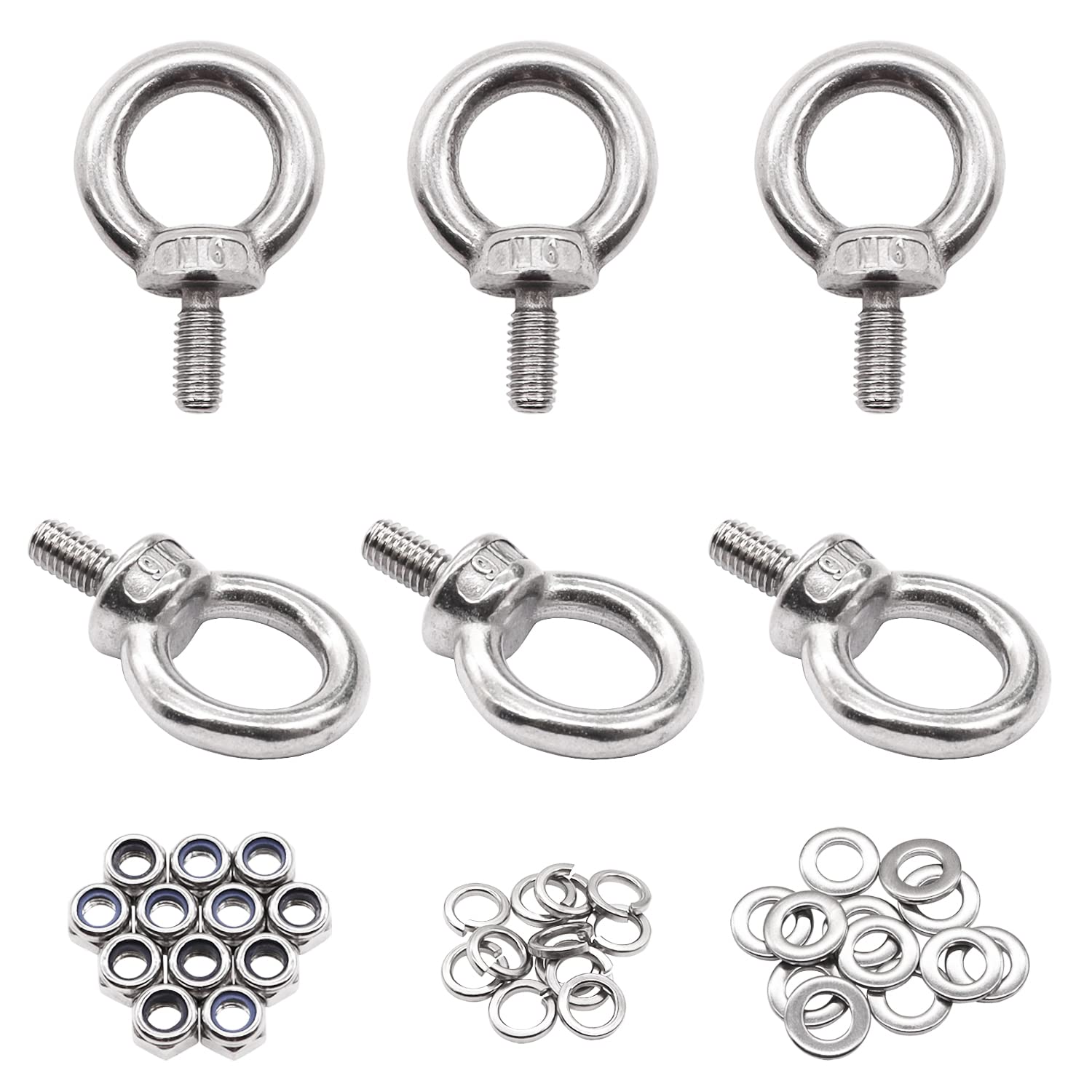 Dianrui 304 Stainless Steel M6 Male Thread Machinery Shoulder Lifting Ring Eye Bolt，Accessories Include Lock Nuts and Lock Washers and Flat Washers Set K1-045-M6-Kit