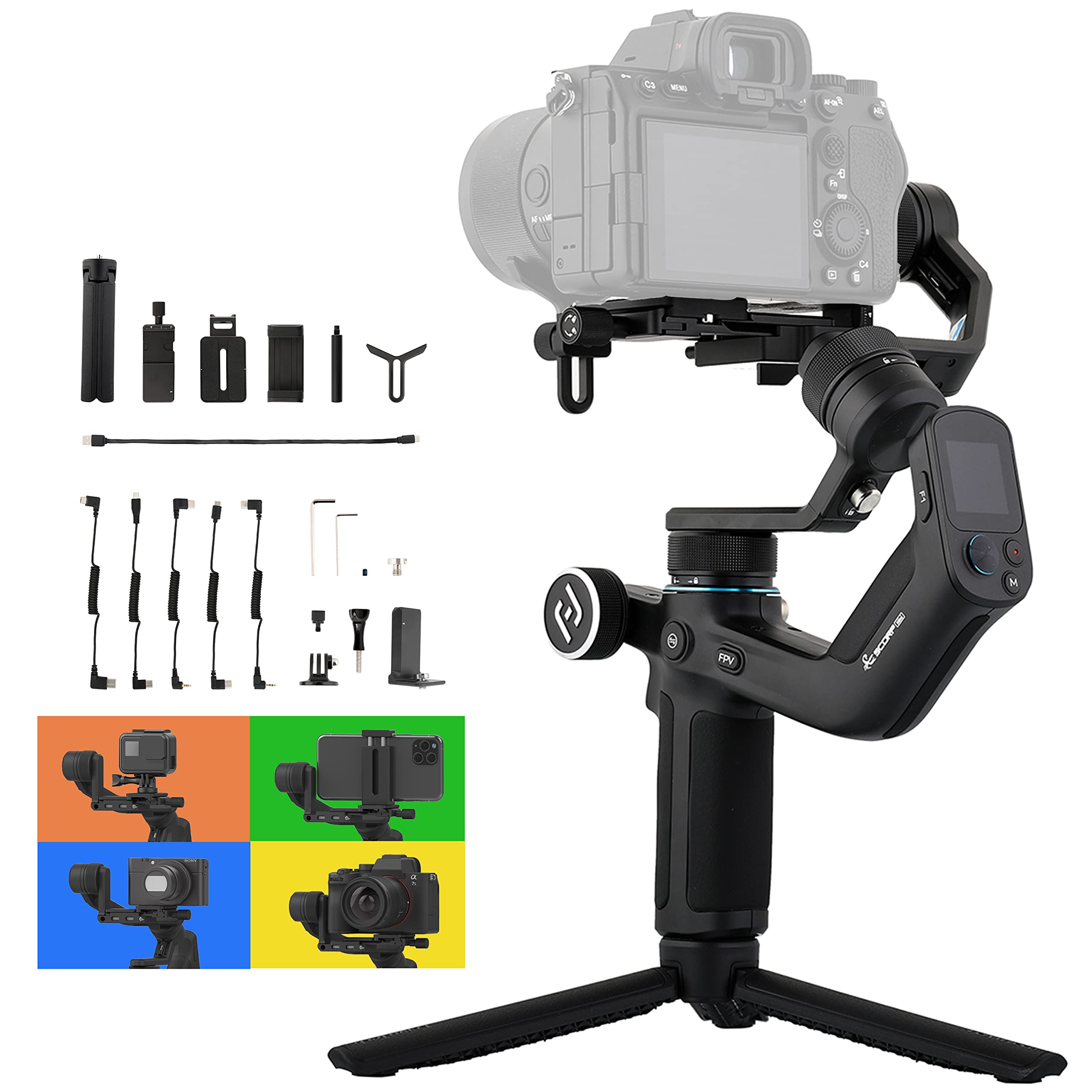 All in 1 Camera Gimbal Stabilizer - FeiyuTech SCORP Mini, Handheld Video Stabilizers for Mirrorless Camera, Gopro & Smartphone, 2.6 lb Payload, for Sony/Canon/Panasonic/Nikon/Fujifilm