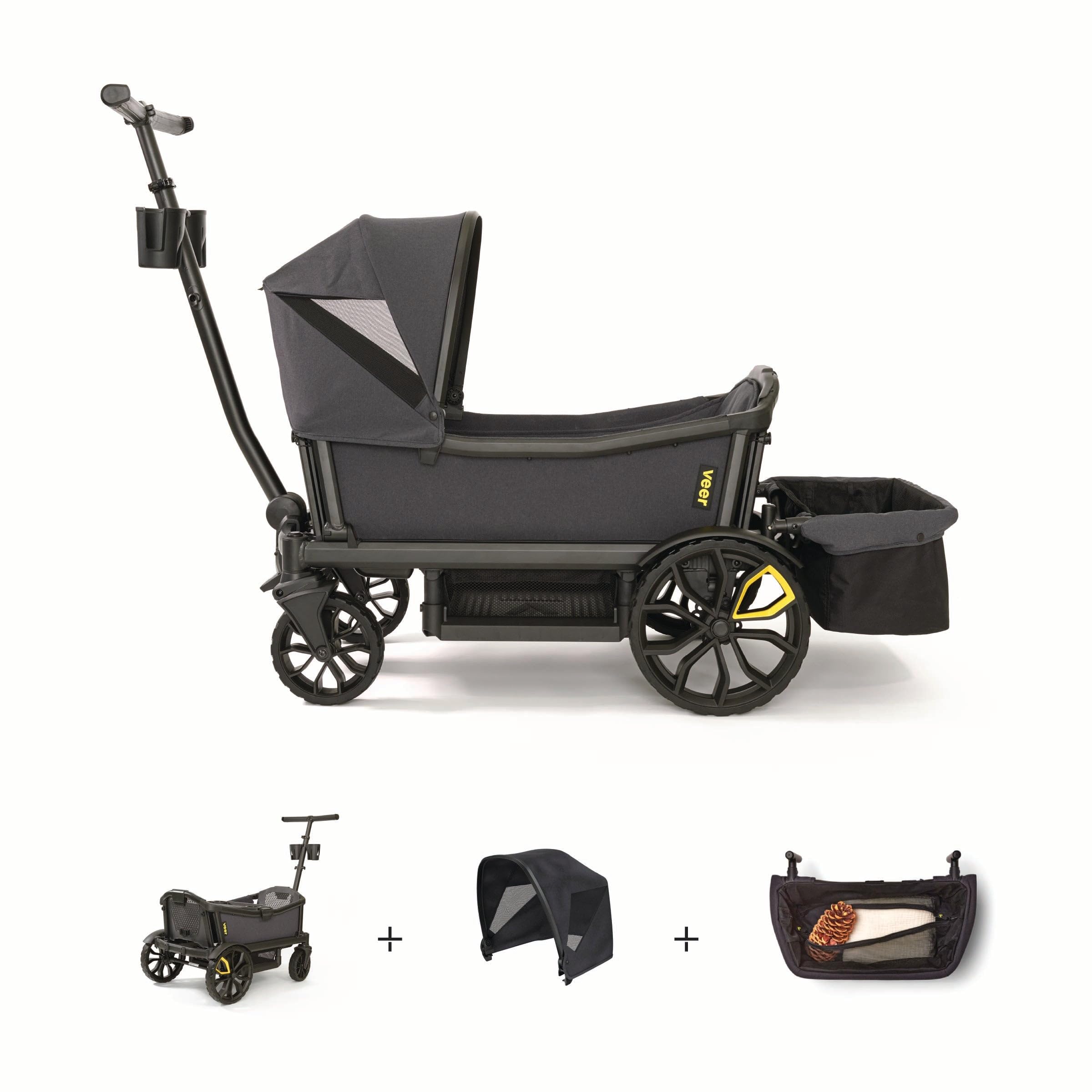 Veer Cruiser Essentials Bundle - Premium Stroller Wagon with Foldable Storage Basket & Retractable Canopy - The Feel & Safety of a Stroller Combined with The Fun of a Lightweight, Rugged Wagon