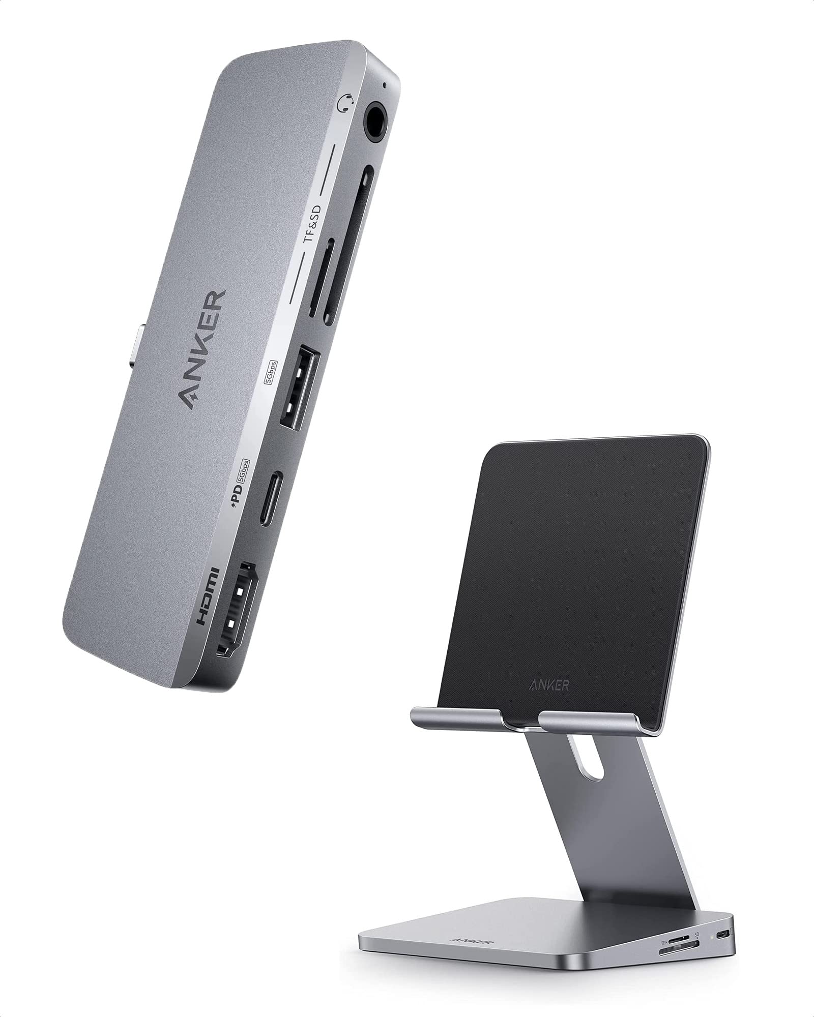 Anker USB C Hub for iPad (Gray), 541 USB-C Hub (6-in-1) with 4K HDMI Port, Multi-Function USB C Port & Anker 551 8-in-1 iPad USB C Hub, with Foldable Tablet Stand