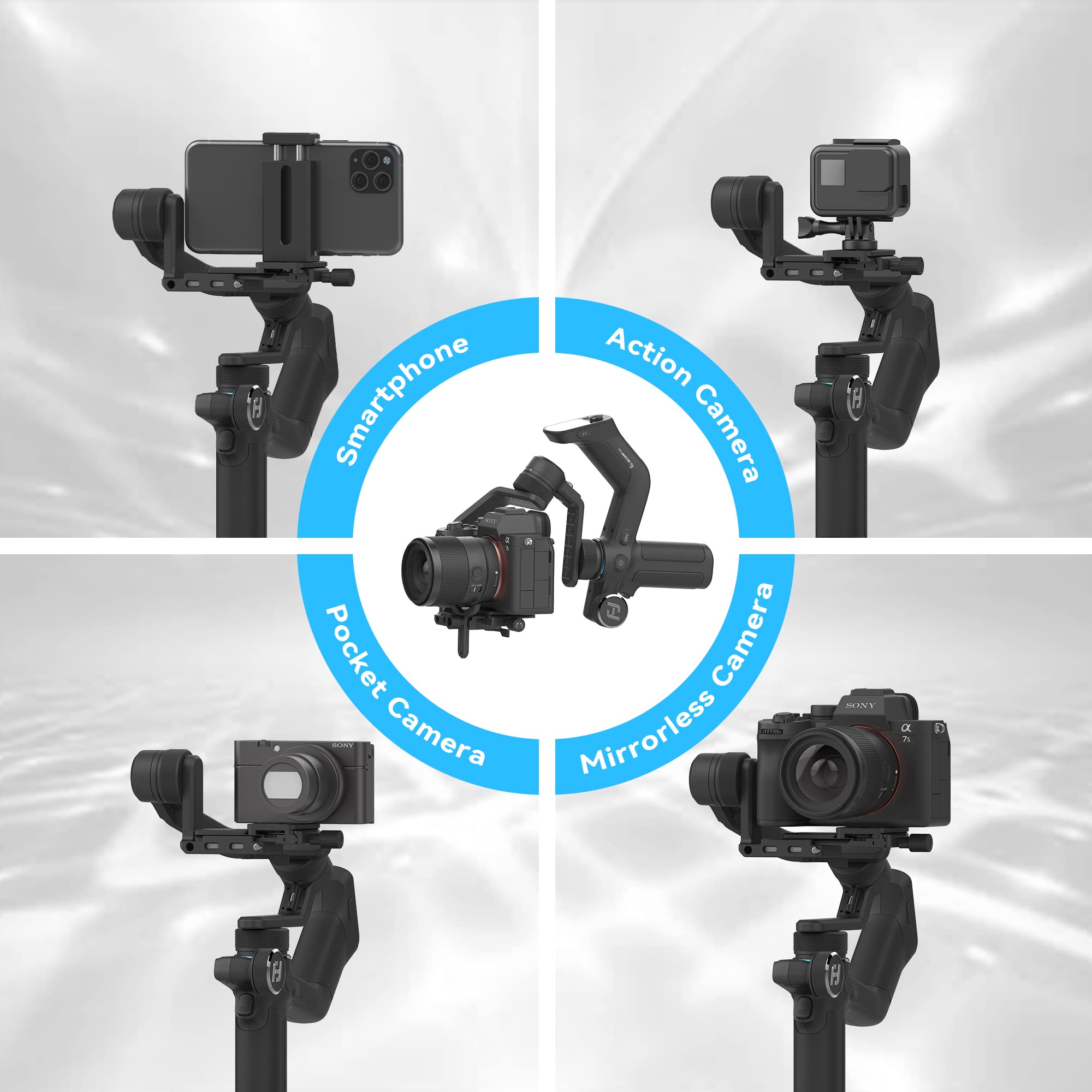 All in 1 Camera Gimbal Stabilizer - FeiyuTech SCORP Mini, Handheld Video Stabilizers for Mirrorless Camera, Gopro & Smartphone, 2.6 lb Payload, for Sony/Canon/Panasonic/Nikon/Fujifilm