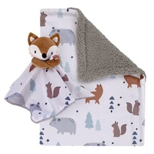 nojo fox and friends white, brown, and gray super soft winter sherpa baby blanket and security blanket set