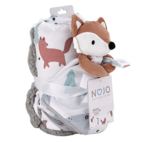 NoJo Fox and Friends White, Brown, and Gray Super Soft Winter Sherpa Baby Blanket and Security Blanket Set