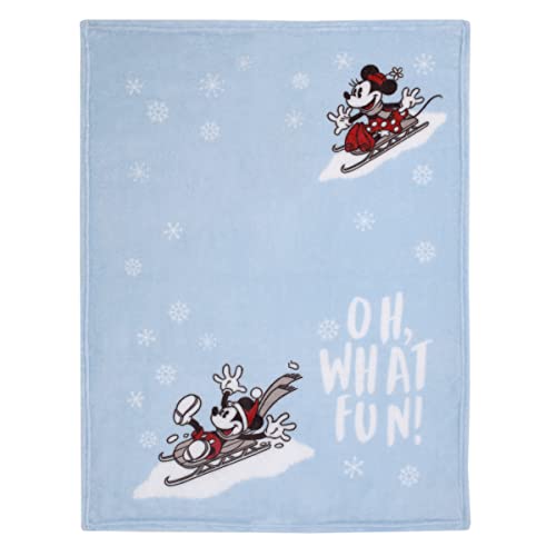 Disney Mickey and Minnie Mouse Blue, White and Red Winter Holiday Oh, What Fun! Snowflakes Photo Op Super Soft Baby Blanket