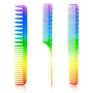 WLLHYF 3 Pieces Rainbow Hair Combs, Rat Tail Fine Cutting Comb Professional Salon Hairdressing Pintail Comb Anti-Static Fine Tooth Comb for Women Men Kids Various Hair Types Back Combing