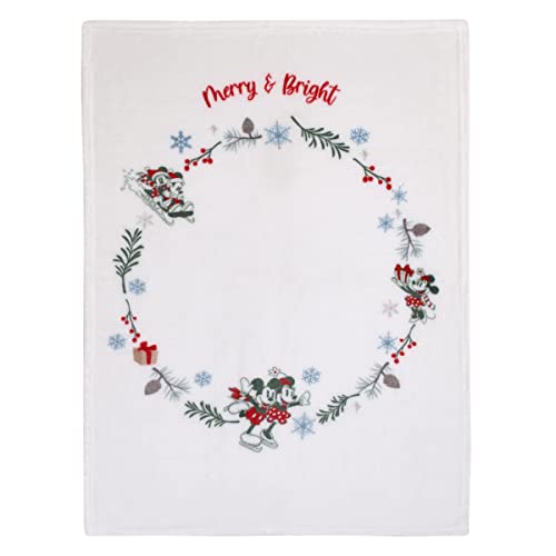 Disney Mickey and Minnie Mouse White, Red, and Green Christmas Holiday Wreath Merry and Bright Photo Op Super Soft Baby Blanket