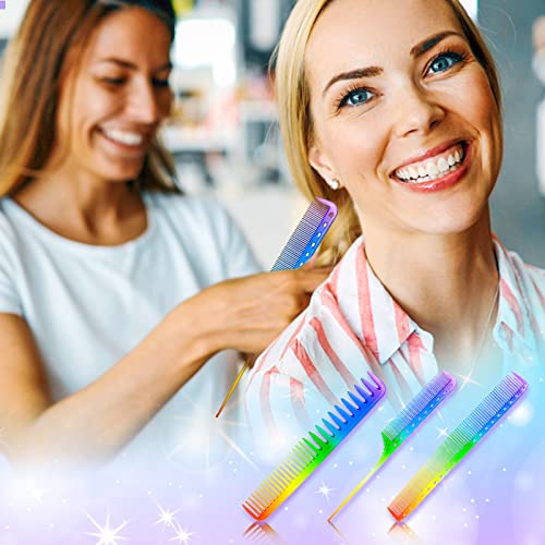 WLLHYF 3 Pieces Rainbow Hair Combs, Rat Tail Fine Cutting Comb Professional Salon Hairdressing Pintail Comb Anti-Static Fine Tooth Comb for Women Men Kids Various Hair Types Back Combing