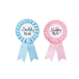 2 Pieces Daddy and Mommy to Be Tinplate Badge Pin, Gender Reveal Rosette Button Pins New Mom Gifts for Baby Shower Party Favor Decoration (Pink Blue)