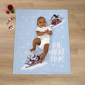 Disney Mickey and Minnie Mouse Blue, White and Red Winter Holiday Oh, What Fun! Snowflakes Photo Op Super Soft Baby Blanket