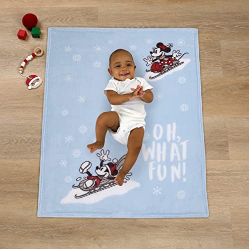 Disney Mickey and Minnie Mouse Blue, White and Red Winter Holiday Oh, What Fun! Snowflakes Photo Op Super Soft Baby Blanket