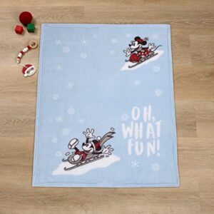 Disney Mickey and Minnie Mouse Blue, White and Red Winter Holiday Oh, What Fun! Snowflakes Photo Op Super Soft Baby Blanket