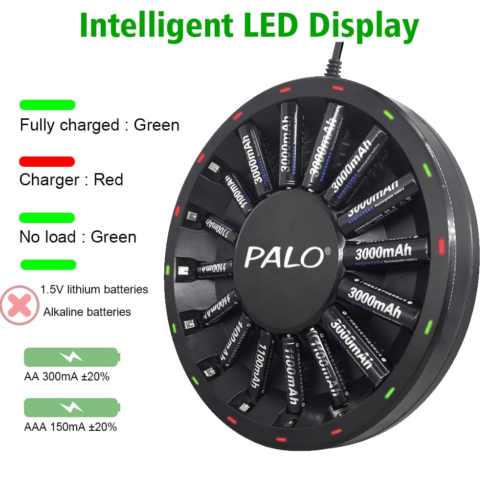 Rechargeable AA Battery with Charger Kit- 16 Pack 1.2V Ni-MH 3000mAh Batteries with 16 Bay LED Smart Charger for 1.2V AA/AAA Battery (Battery Storage Case Included)