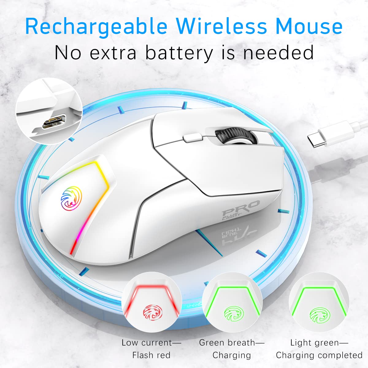 FMOUSE Wireless Gaming Mouse, 4000 DPI, USB C Rechargeable, Ergonomic Responsive Bluetooth Mice with Forward/Backward Side Keys, for Computer/Laptop (White)