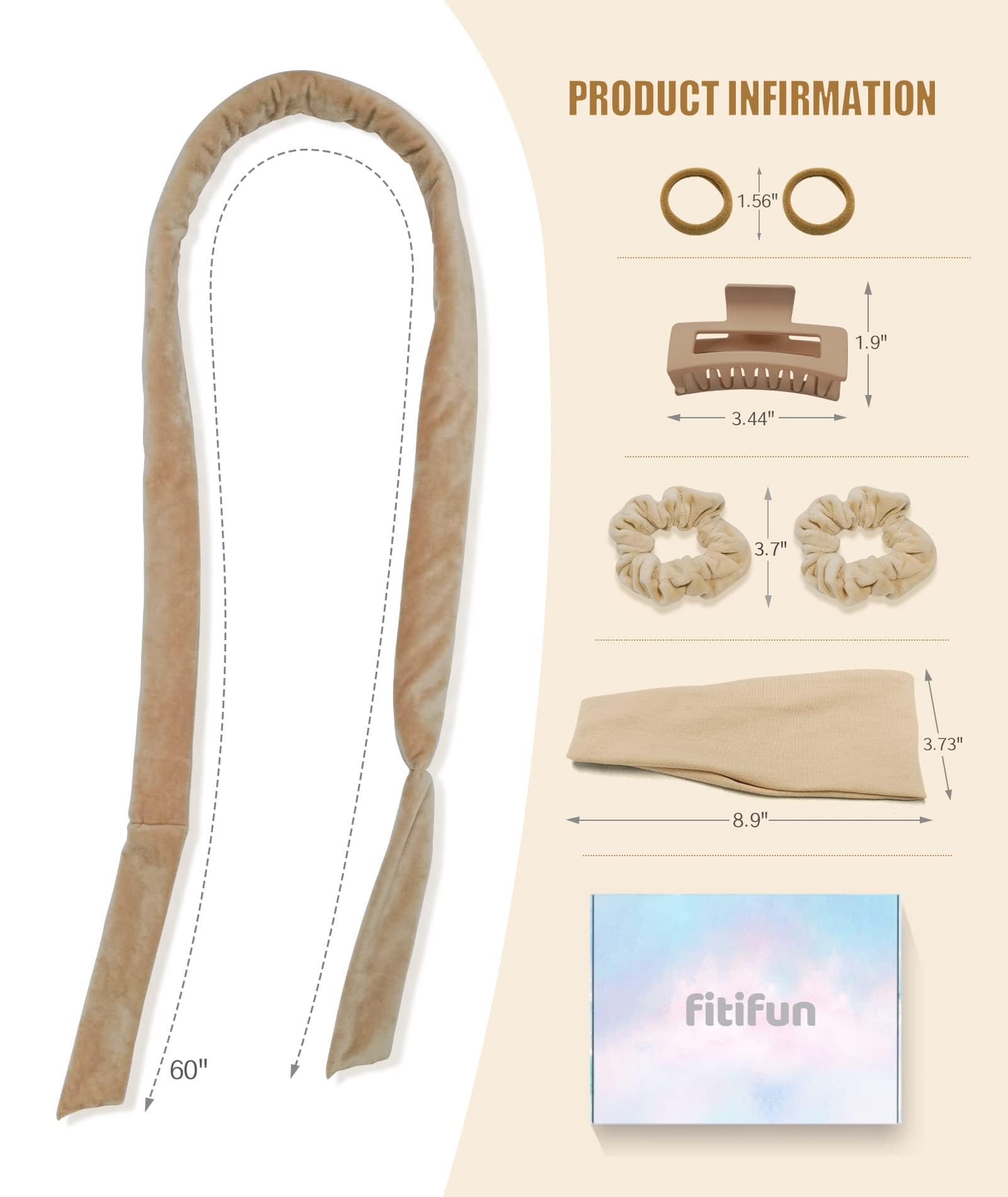 Fitifun No Heat Curling Headband - 61 Extra Long Velour Overnight Curlers for Long Hair (Beige)