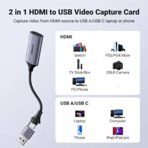 UGREEN Video Capture Card 4K HDMI to USB-A/USB-C HDMI Capture Card Full HD 1080P USB 2.0 Capture Video and Audio Recording for Gaming, Streaming, Teaching, Video Conference