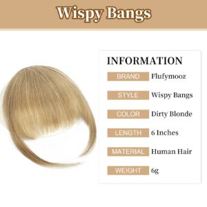 FLUFYMOOZ Clip in Bangs 100% Human Hair, Bangs Hair Clip Extensions, Clip on Bangs Wispy Bangs French Bangs Fringe with Temples Hairpieces for Women, Fake bangs for Daily Wear(Wispy Bangs Dirty Blonde)