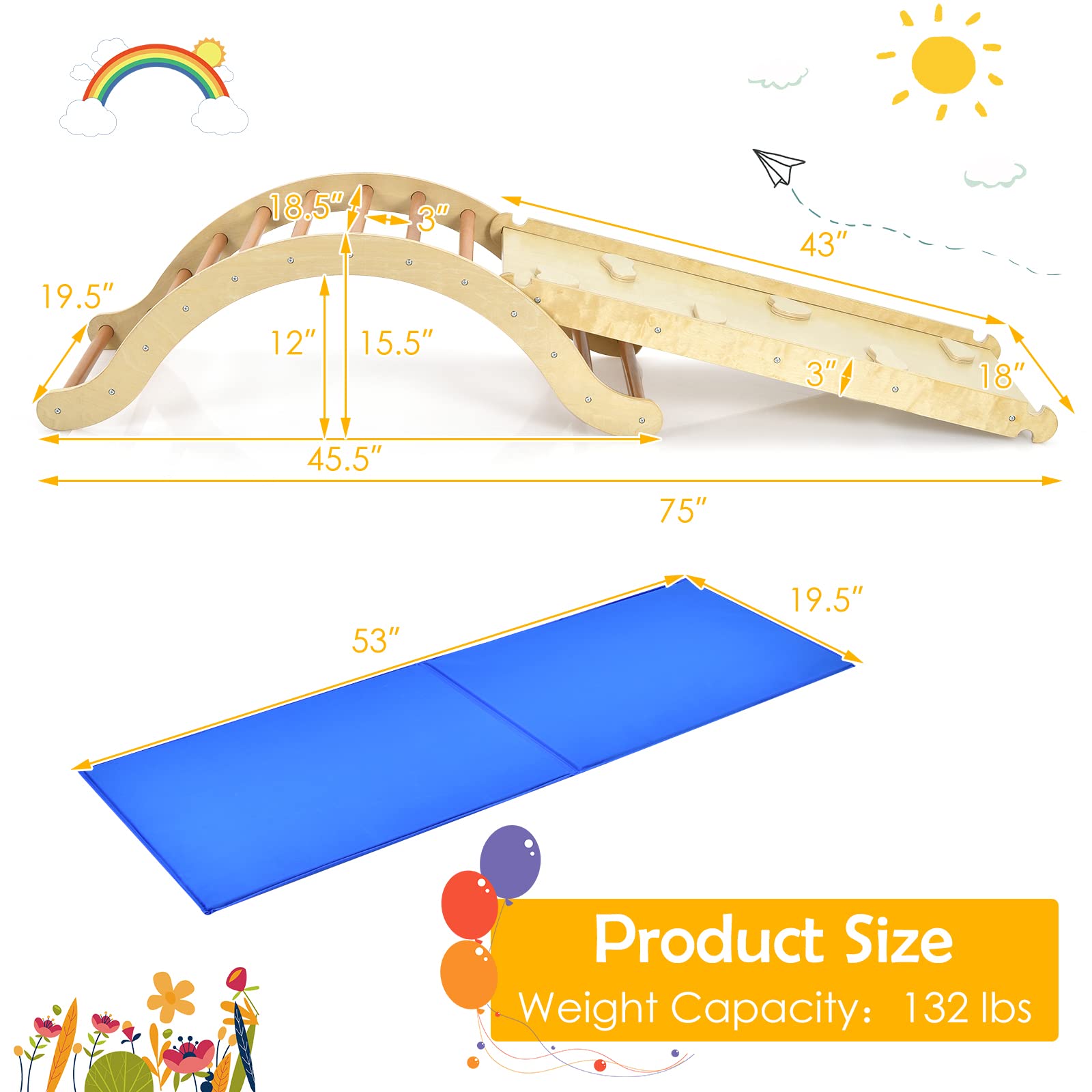 Olakids Climbing Toys for Toddlers, 3 in 1 Kids Wooden Pikler Montessori Arch Climbing Rocker with Ramp Ladder Cushion Pad for Gym Playground, Indoor Baby Climber Toy Play Structure Activity Set