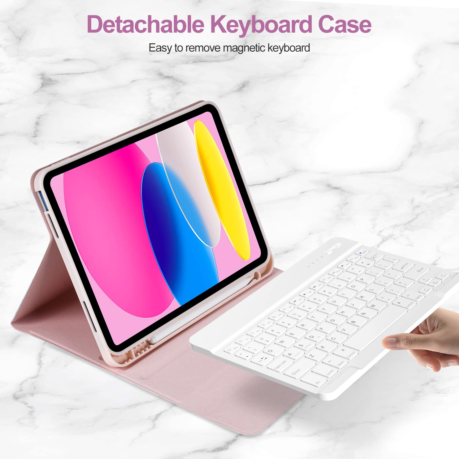 ZXA Keyboard Case for iPad 10th Generation 10.9", 2022/2023, for iPad Case 10th Gen Keyboard, Detachable Keyboard Case - Pencil Holder - for iPad Case Keyboard 10th Gen, Marble Pink