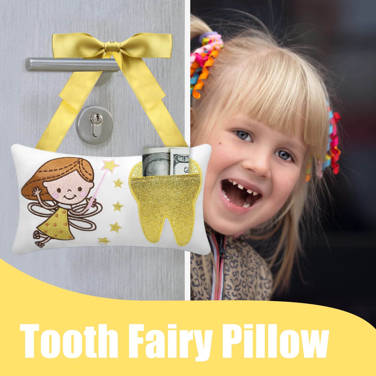 Malihome Tooth Fairy Pillow with Pocket for Girls and Boys Kids Tooth Pillow Toothfairy Gifts Tooth Keepsake Pouch 8.6 x 4.8 inches (for Girls)