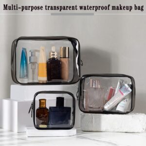 Pufandor Clear Cosmetic Bags with Zipper, 3 Pack Black TSA Approved Toiletries Bag for Travel, Plastic Toiletry Bags and Small Makeup Bag, Women Waterproof Transparent Makeup Bag for Vacation