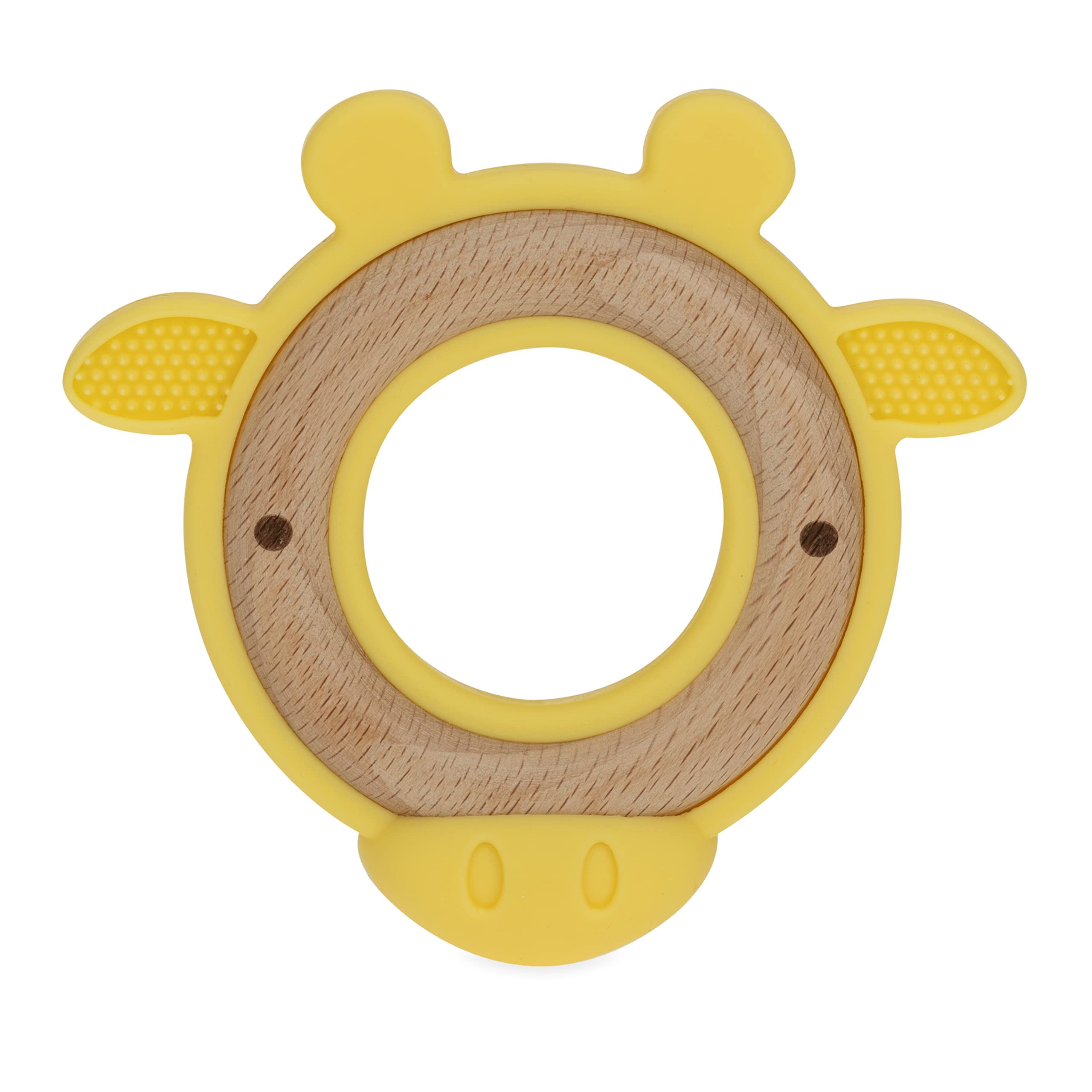 Nuby Natural Wood Teether with Soft Silicone, Minimalist Design Easy to Clean, Giraffe Yellow