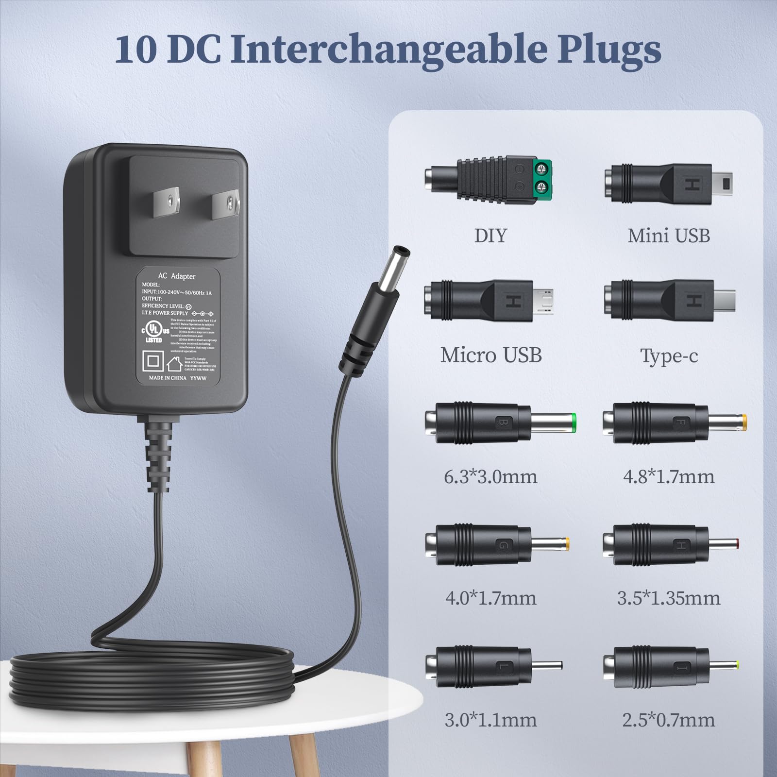 DONYOIE 5V 1A Power Supply 5 Volt Charger 1000mA 5W Max Regulated Switching AC to DC Cord Adapter with 10 Replacement Connector 100V - 240V Input Adaptor US Wall Plug Certified by UL