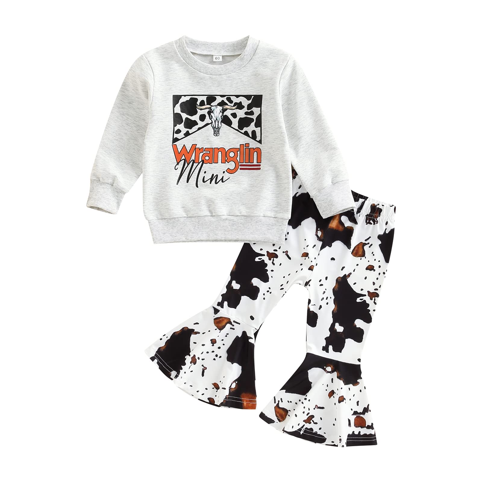 Youweixiong Toddler Baby Girl Fall Winter Clothes Set Letter Print Pullover Sweatshirt Top+Cow Spot Flared Pants Bell Bottom Outfits (Gray, 2-3T)