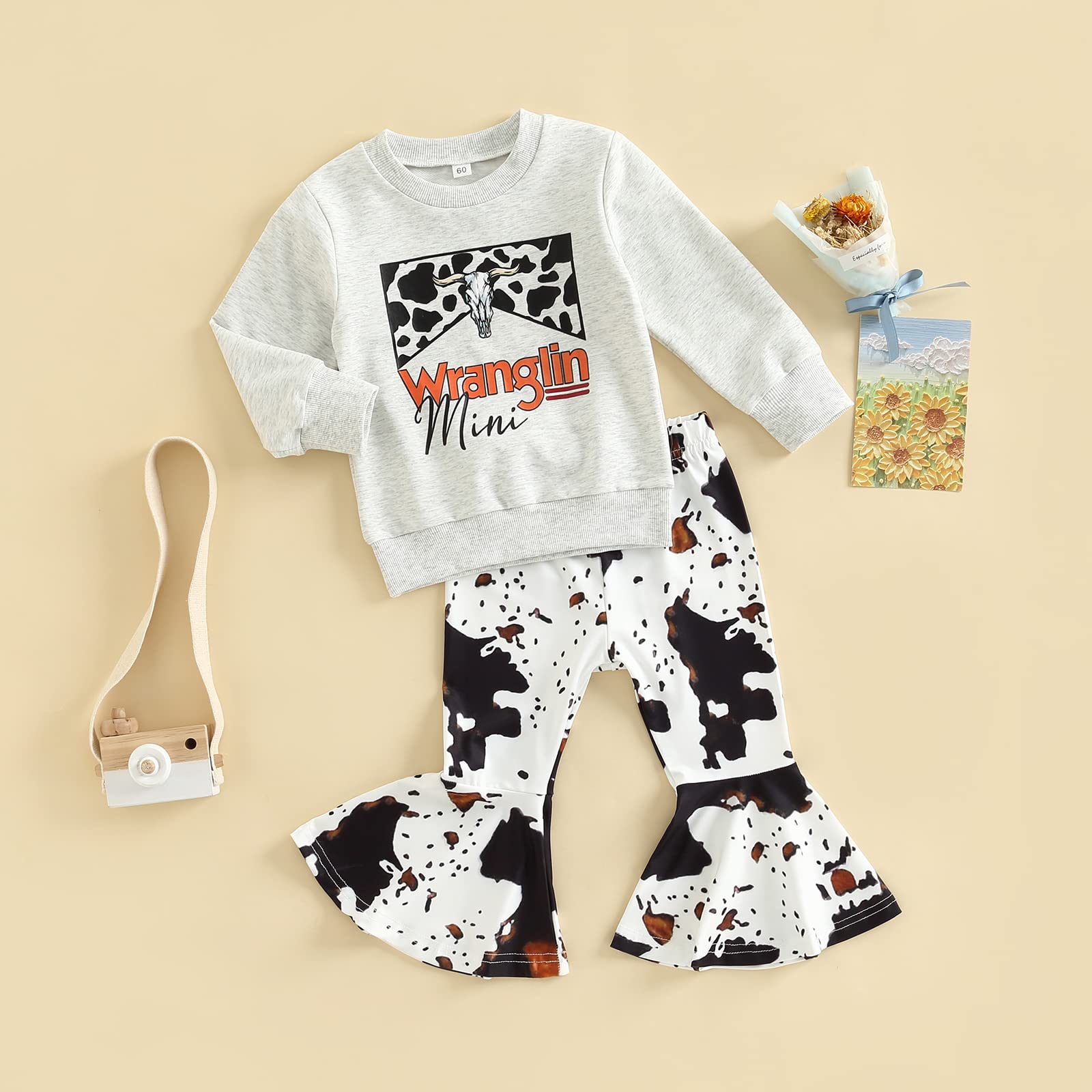 Youweixiong Toddler Baby Girl Fall Winter Clothes Set Letter Print Pullover Sweatshirt Top+Cow Spot Flared Pants Bell Bottom Outfits (Gray, 2-3T)