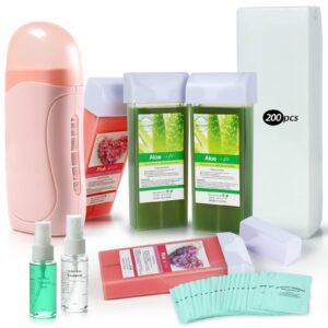 Aloe Roll on Wax,4 Pack Wax Roller Kit with Wax Warmer & 200 Wax Strips & Wax Cleanser Kit,Home Roller Waxing Kit for Women Hair Removal, Waxing kit Roll On for Sensitive Skin Legs, Arms Beth lee