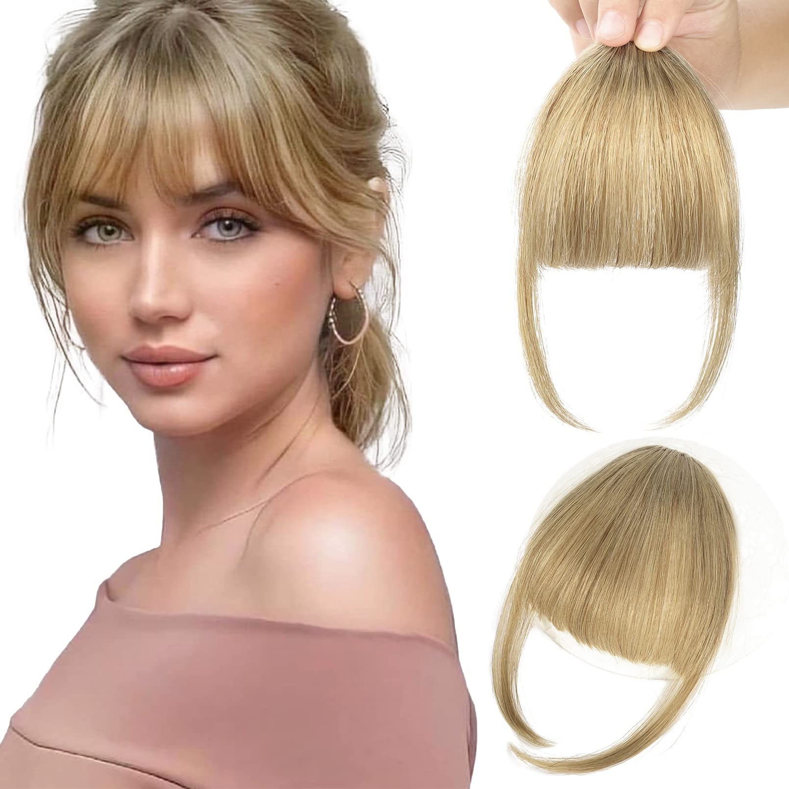 FLUFYMOOZ Clip in Bangs 100% Human Hair, Bangs Hair Clip Extensions, Clip on Bangs Wispy Bangs French Bangs Fringe with Temples Hairpieces for Women, Fake bangs for Daily Wear(Wispy Bangs Dirty Blonde)