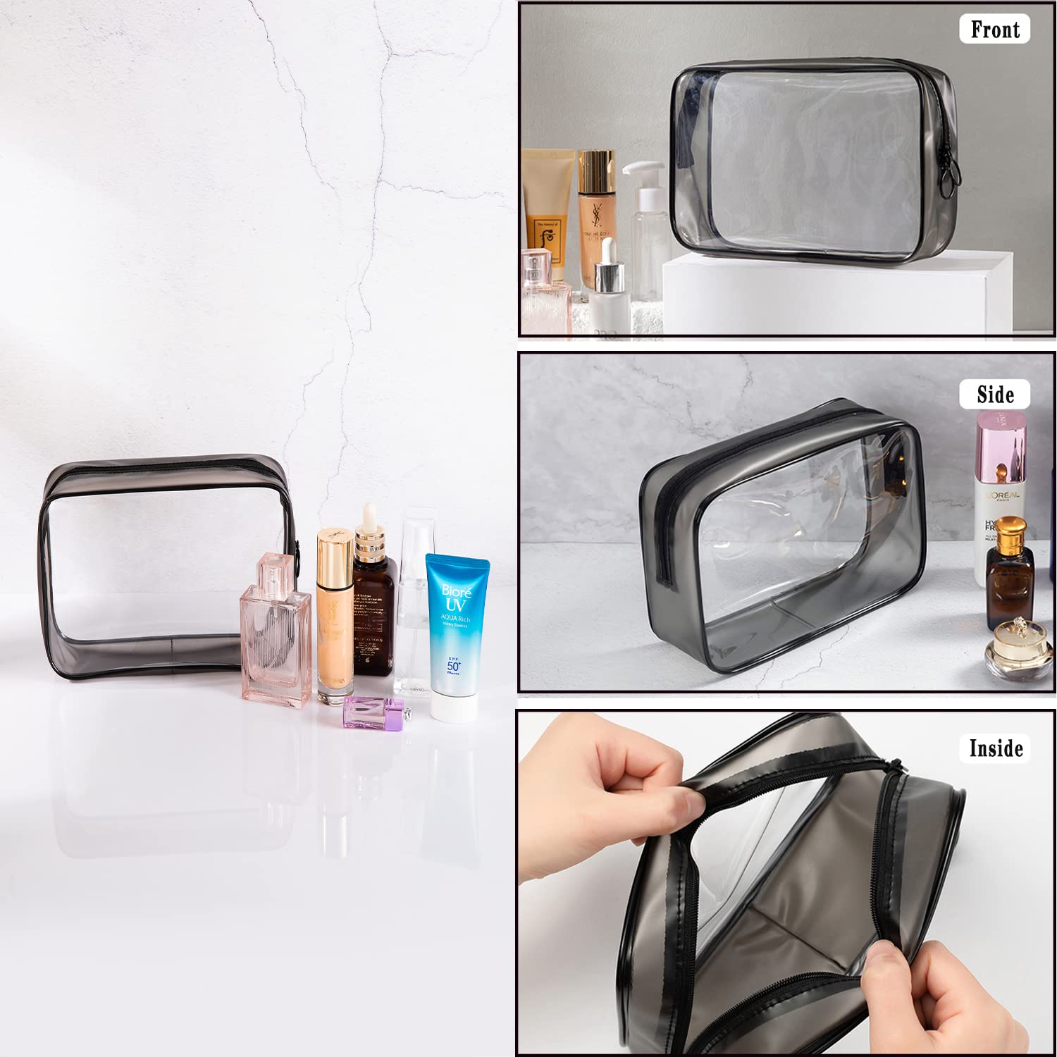 Pufandor Clear Cosmetic Bags with Zipper, 3 Pack Black TSA Approved Toiletries Bag for Travel, Plastic Toiletry Bags and Small Makeup Bag, Women Waterproof Transparent Makeup Bag for Vacation